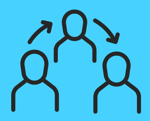 Teiknuð mynd af þremur manneskjum sem eiga í samskiptum