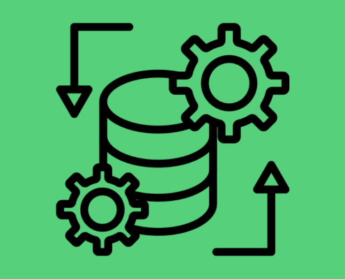 Teiknuð mynd af kubbum sem raðast saman og tannhjólum